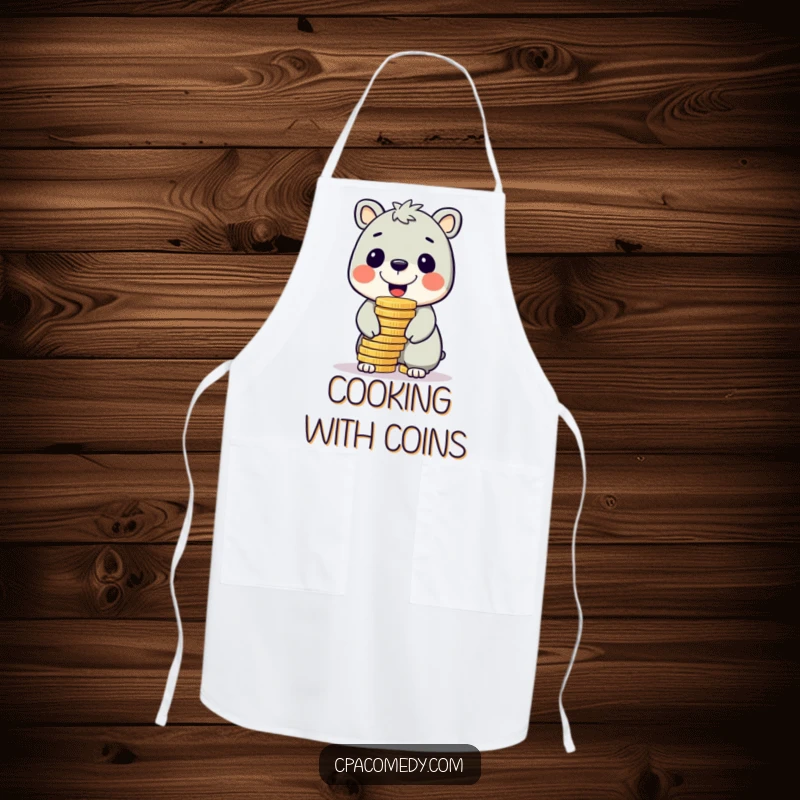 Funny cheerful animal balancing a large stack of shiny coins on its nose, on a humorous and practical apron.