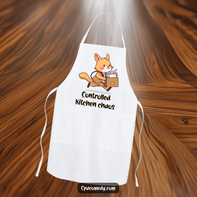 Funny animal character in an apron, rushing with a briefcase overflowing with papers, humorously representing a busy chef on an apron.