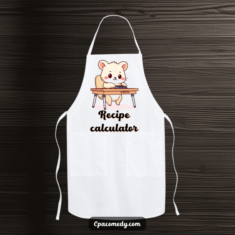 Funny diligent animal happily working a calculator, featured on a humorous and practical apron for chefs or desk jockeys.