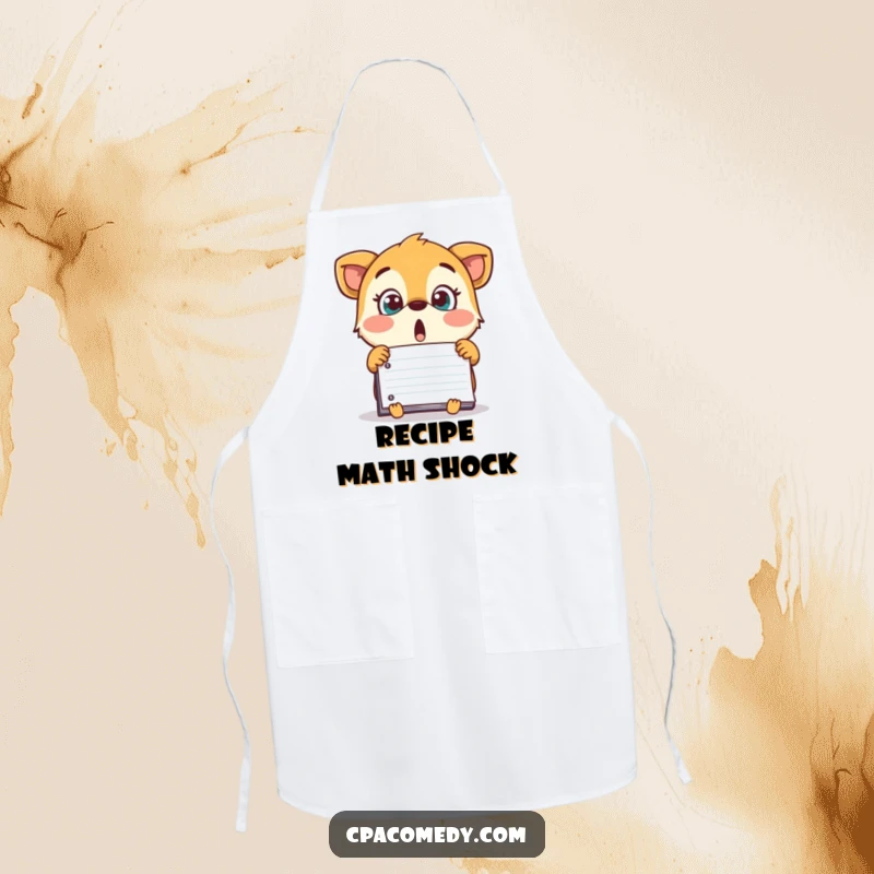 Funny surprised animal looking at a surprisingly large number on a ledger, on a humorous and practical apron.