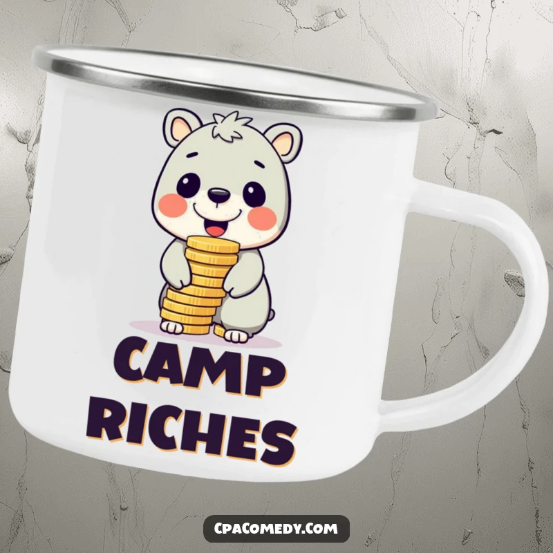 Funny cheerful animal balancing a large stack of coins on its nose, on a rugged and humorous camping mug.