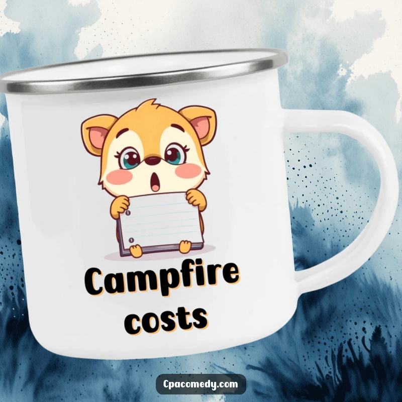 Funny surprised animal looking at a surprisingly large number on a ledger, on a rugged and humorous camping mug.
