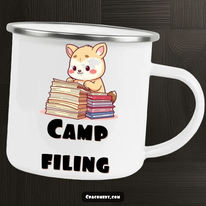 Funny focused animal carefully sorting colorful document papers, on a rugged and humorous camping mug for organized adventurers.