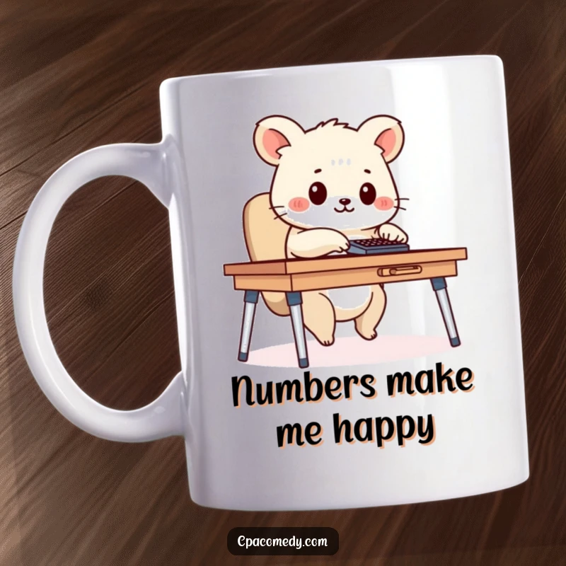 Funny animal diligently tapping on a calculator at a small desk, a humorous mug for number crunchers and office workers.