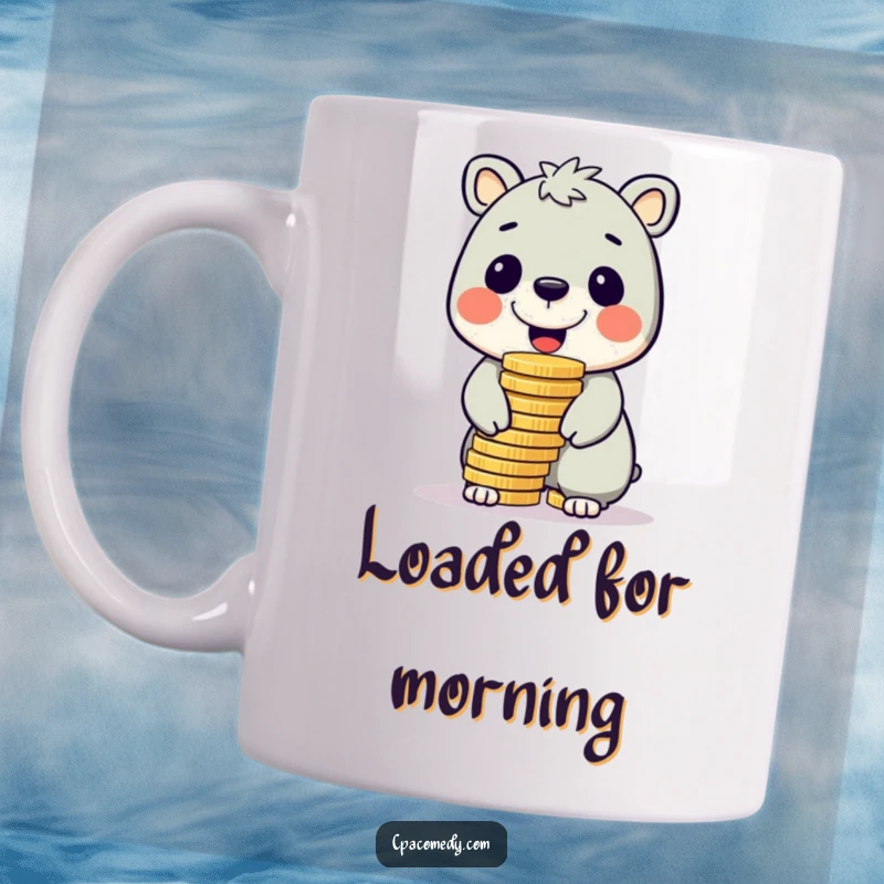 Funny cheerful animal balancing a large stack of shiny coins on its nose, depicted on a humorous mug.