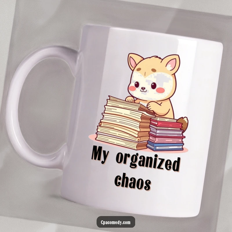 Funny animal focused intently on carefully sorting colorful stacks of document papers, on a humorous mug for organizers.