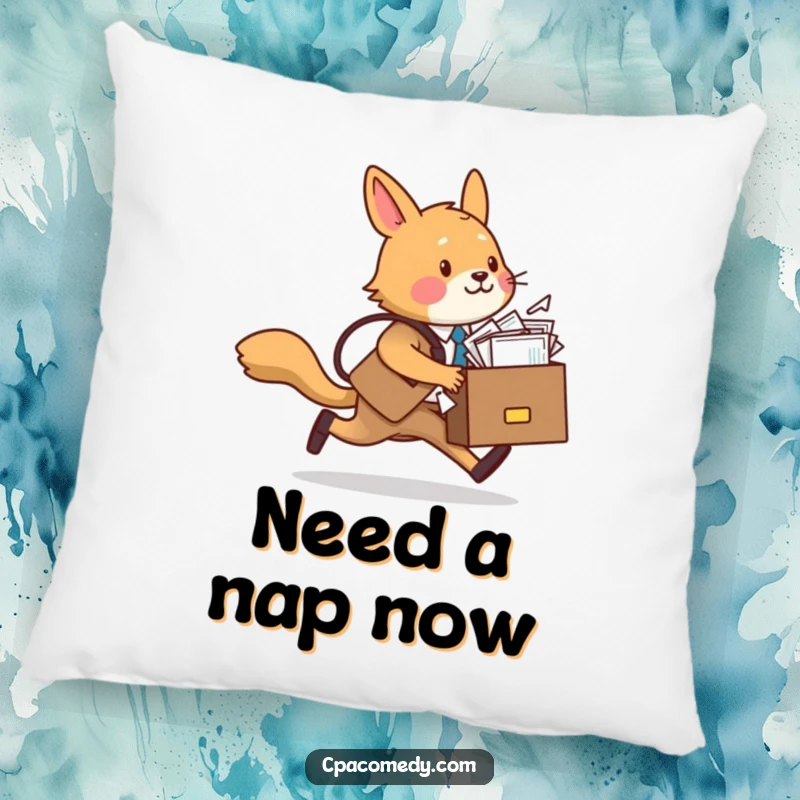 Funny animal rushing with a briefcase full of papers, humorously depicted for a comfortable and funny pillow.