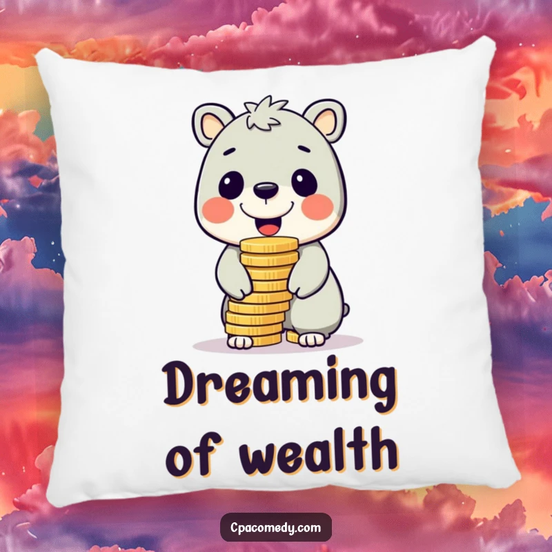 Funny cheerful animal balancing a large stack of coins on its nose, on a soft and humorous decorative pillow.