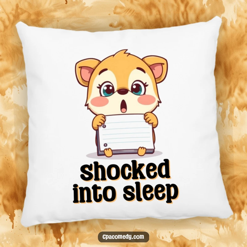 Funny surprised animal looking at a surprisingly large number on a ledger, on a soft and humorous decorative pillow.