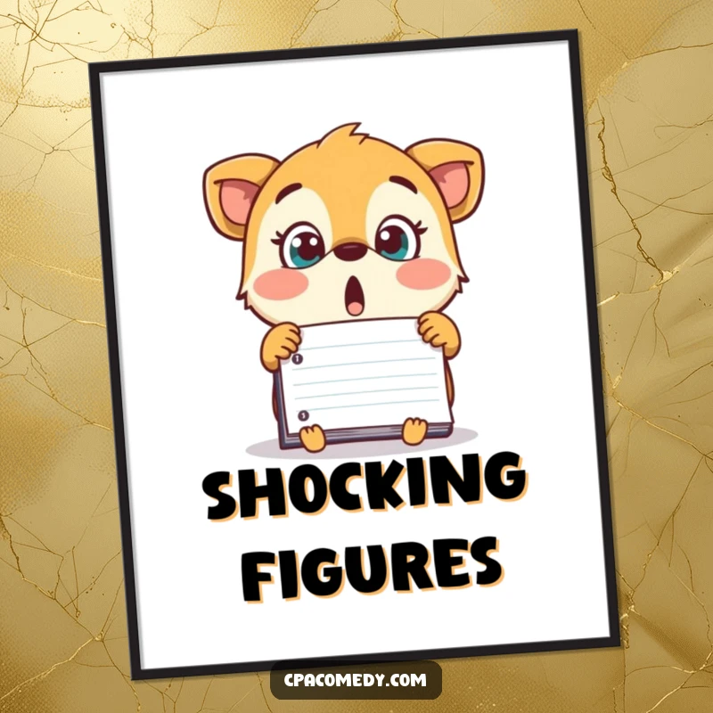 Funny surprised animal looking at a surprisingly large number on a ledger, a humorous digital art print for wall decor.