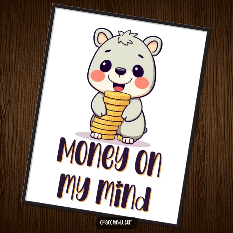 Funny cheerful animal balancing a large stack of shiny coins on its nose, a humorous digital art print for wall decor.