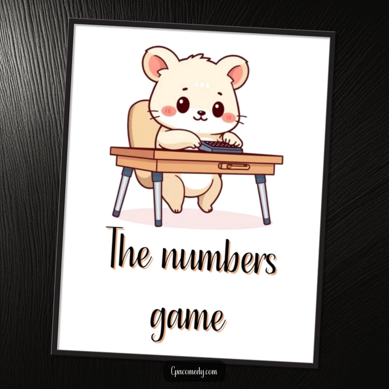 Funny diligent animal happily tapping on a calculator at a desk, a humorous digital art print for instant decor.