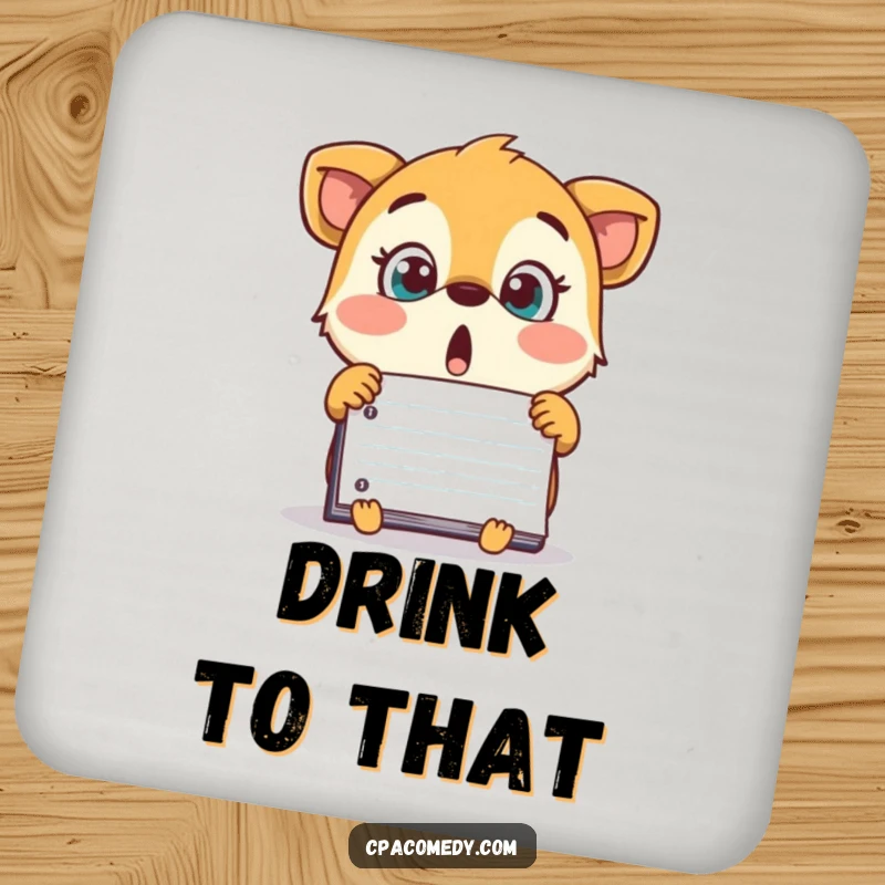 Funny surprised animal looking at a surprisingly large number on a ledger, on a humorous drink coaster.