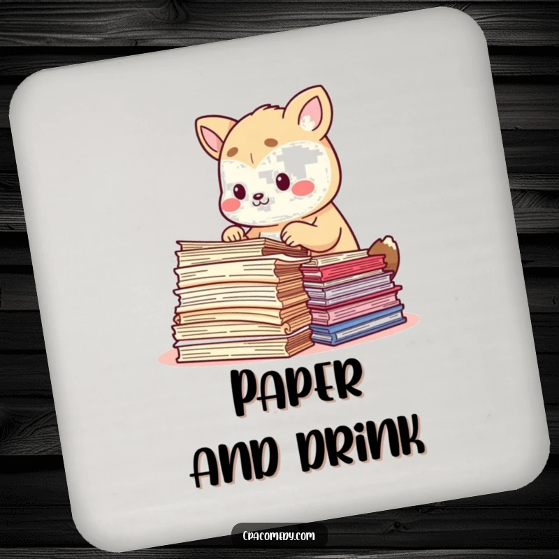 Funny focused animal carefully sorting colorful document papers, on a humorous drink coaster for surface protection.