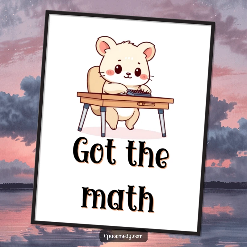 Funny diligent animal happily tapping on a calculator at a desk, presented as a humorous and motivational art print.