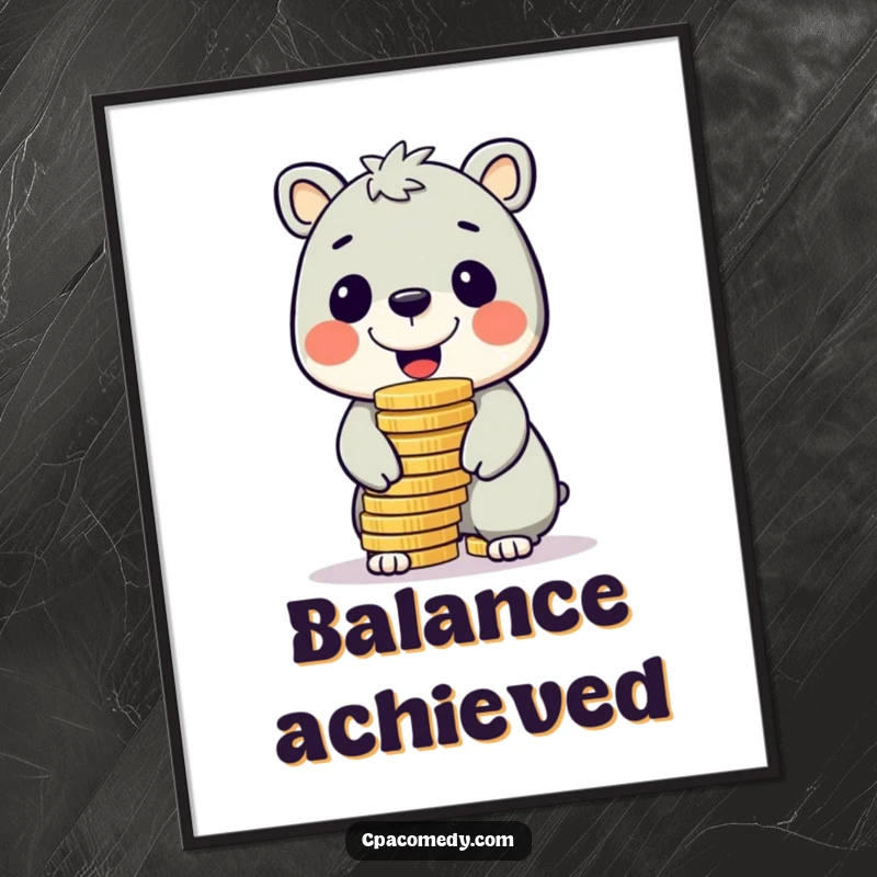 Funny cheerful animal balancing a large stack of shiny coins on its nose, a humorous art print for wall decor.