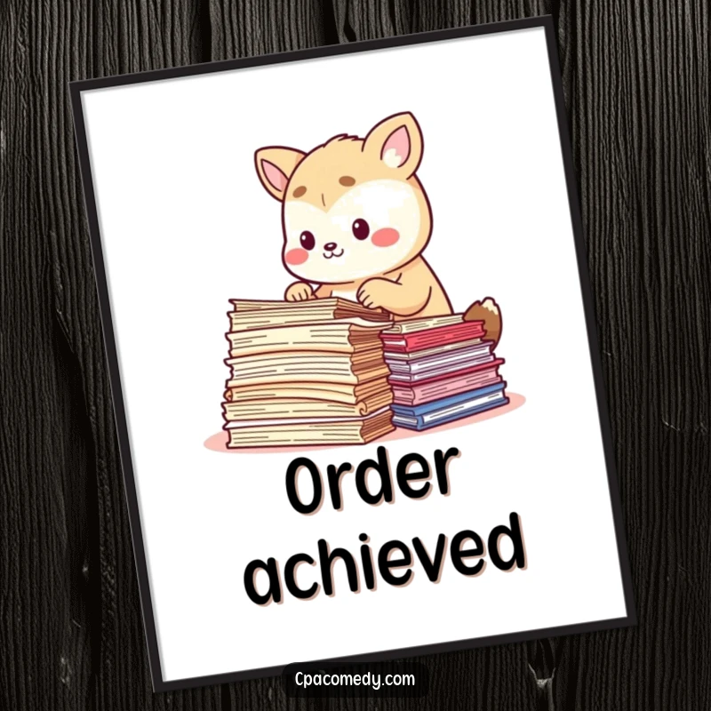 Funny animal focused on carefully sorting colorful stacks of document papers, a humorous art print for organized spaces.