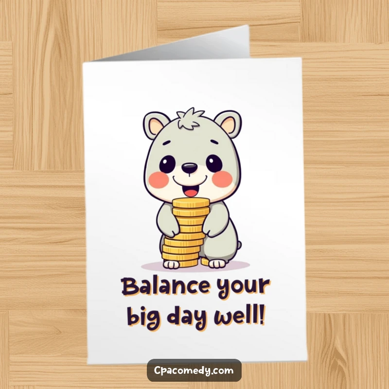 Funny Free Printable Birthday Card: A cheerful animal impressively balancing a large stack of shiny coins on its nose.