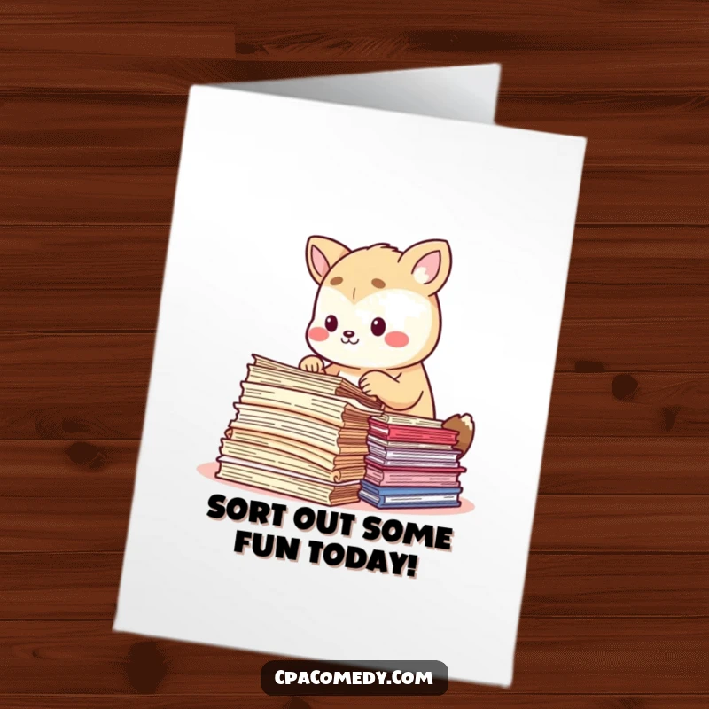 Funny Free Printable Birthday Card showing an animal meticulously sorting stacks of colorful papers.