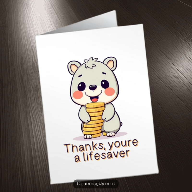 Funny Free Printable Thank You Card: A cheerful animal masterfully balancing a large stack of coins on its nose.