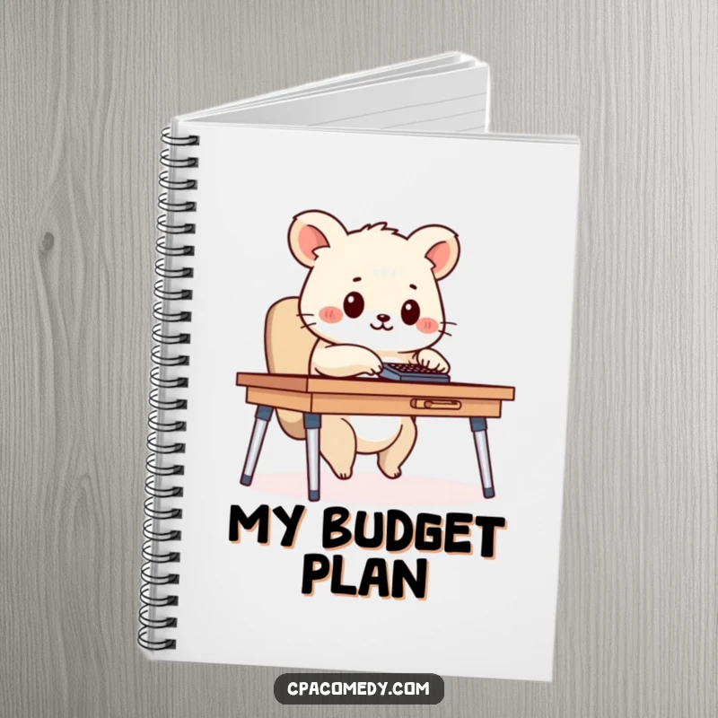 Funny diligent animal using a calculator at a small desk, on the cover of a humorous notebook for note-taking.