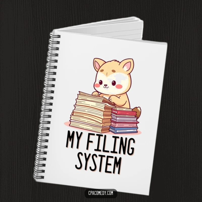 Funny focused animal carefully sorting colorful document papers, on the cover of a humorous notebook for organization.
