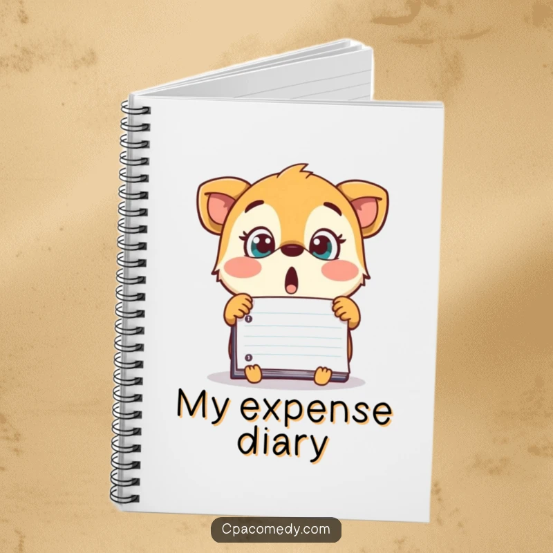 Funny surprised animal looking at a surprisingly large number on a ledger, on the cover of a humorous notebook.