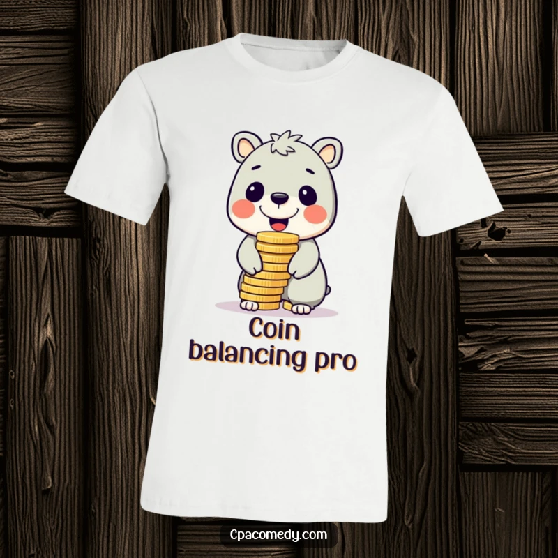 Funny cheerful animal balancing a large stack of coins on its nose, printed on a humorous t-shirt for money lovers.