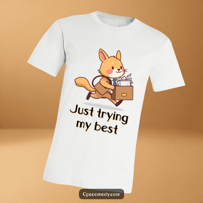 Funny animal character rushing with a briefcase full of documents, illustrating a humorous and chaotic work life on a t-shirt.