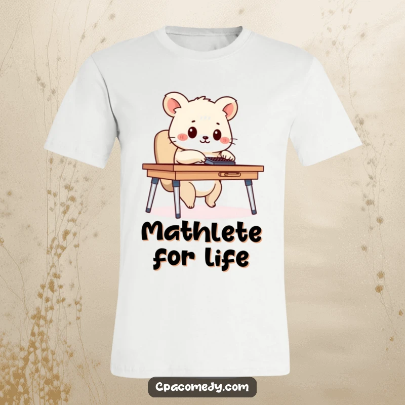 Funny diligent animal happily tapping on a calculator at a desk, printed on a humorous t-shirt for math lovers.
