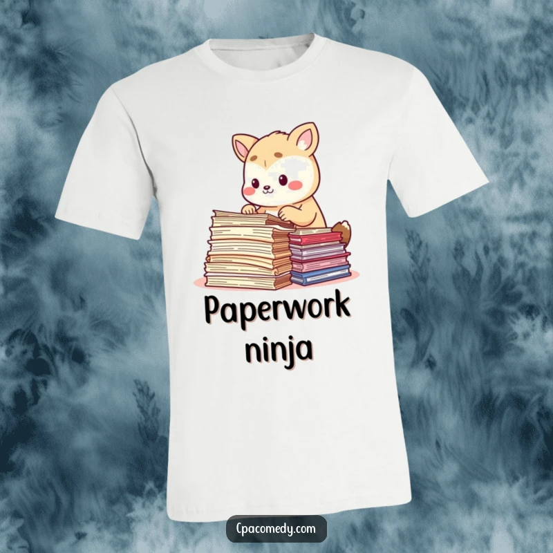 Funny animal focused on sorting colorful stacks of papers, on a humorous t-shirt, perfect for organized individuals.