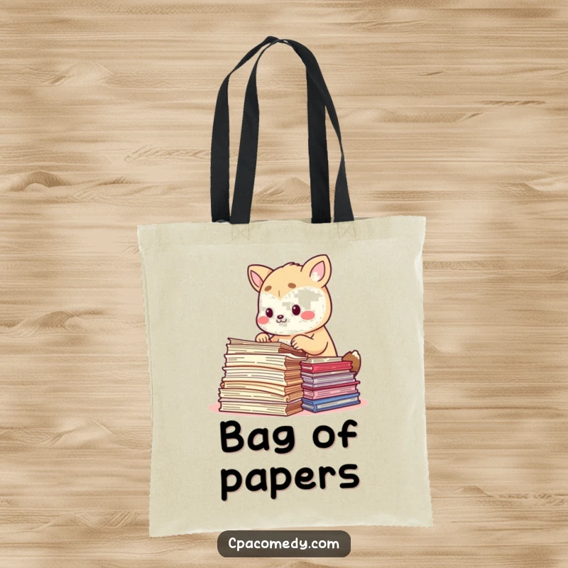 Funny animal intently sorting colorful document papers, on a durable and humorous tote bag for everyday organization.