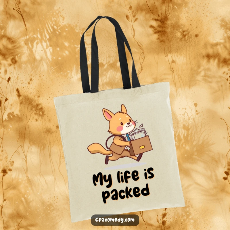 Funny animal character, overloaded with a briefcase and papers, humorously depicted on a tote bag for busy shoppers.